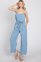 Blue Shoulder Tie Linen Jumpsuit