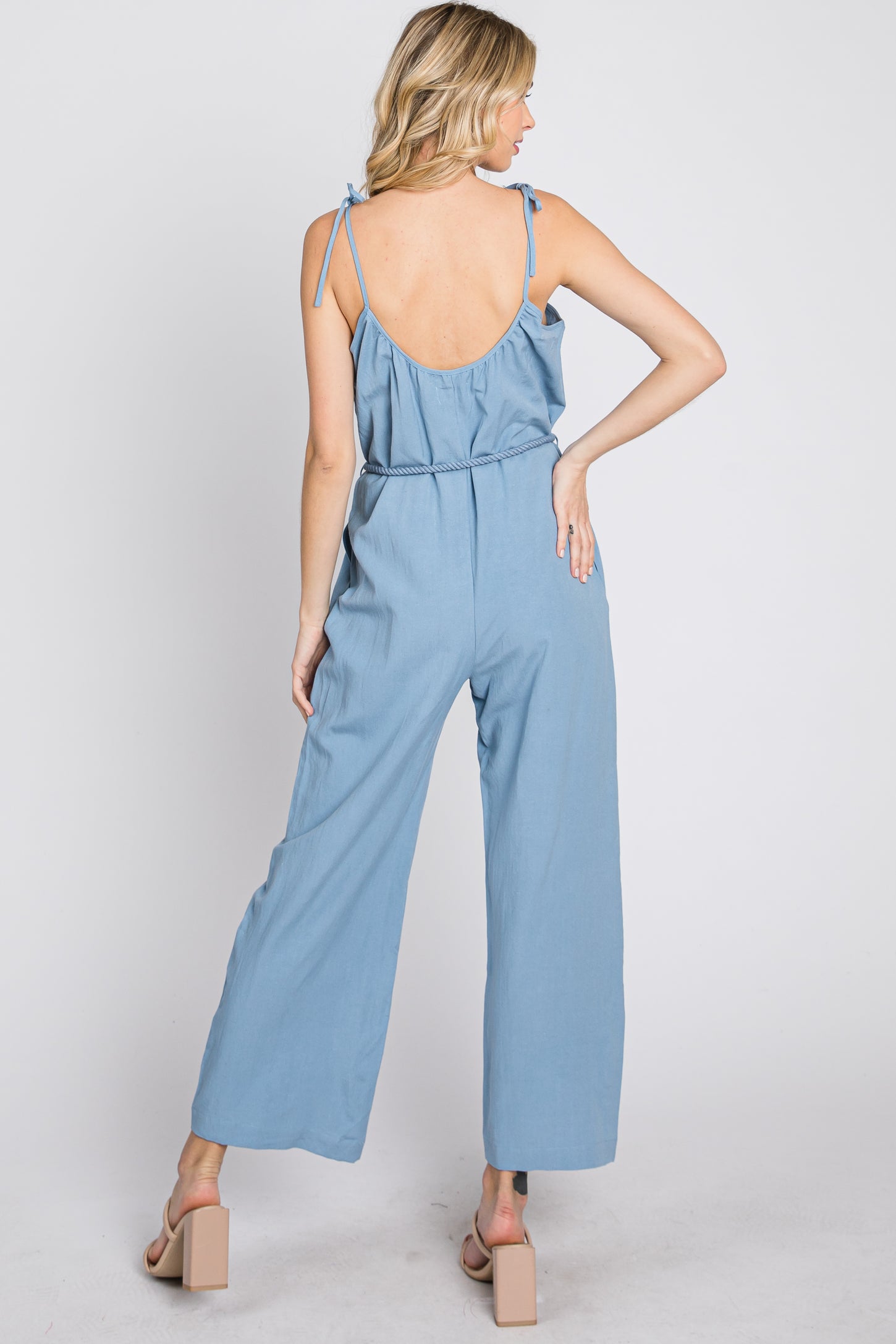 Blue Shoulder Tie Linen Jumpsuit