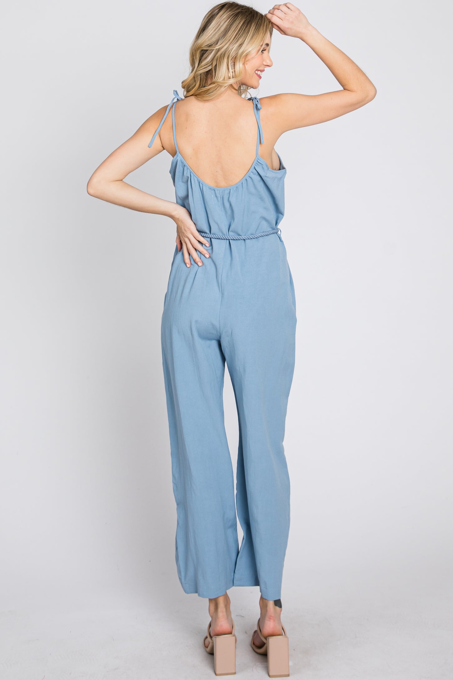 Blue Shoulder Tie Linen Jumpsuit