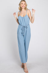 Blue Shoulder Tie Linen Jumpsuit