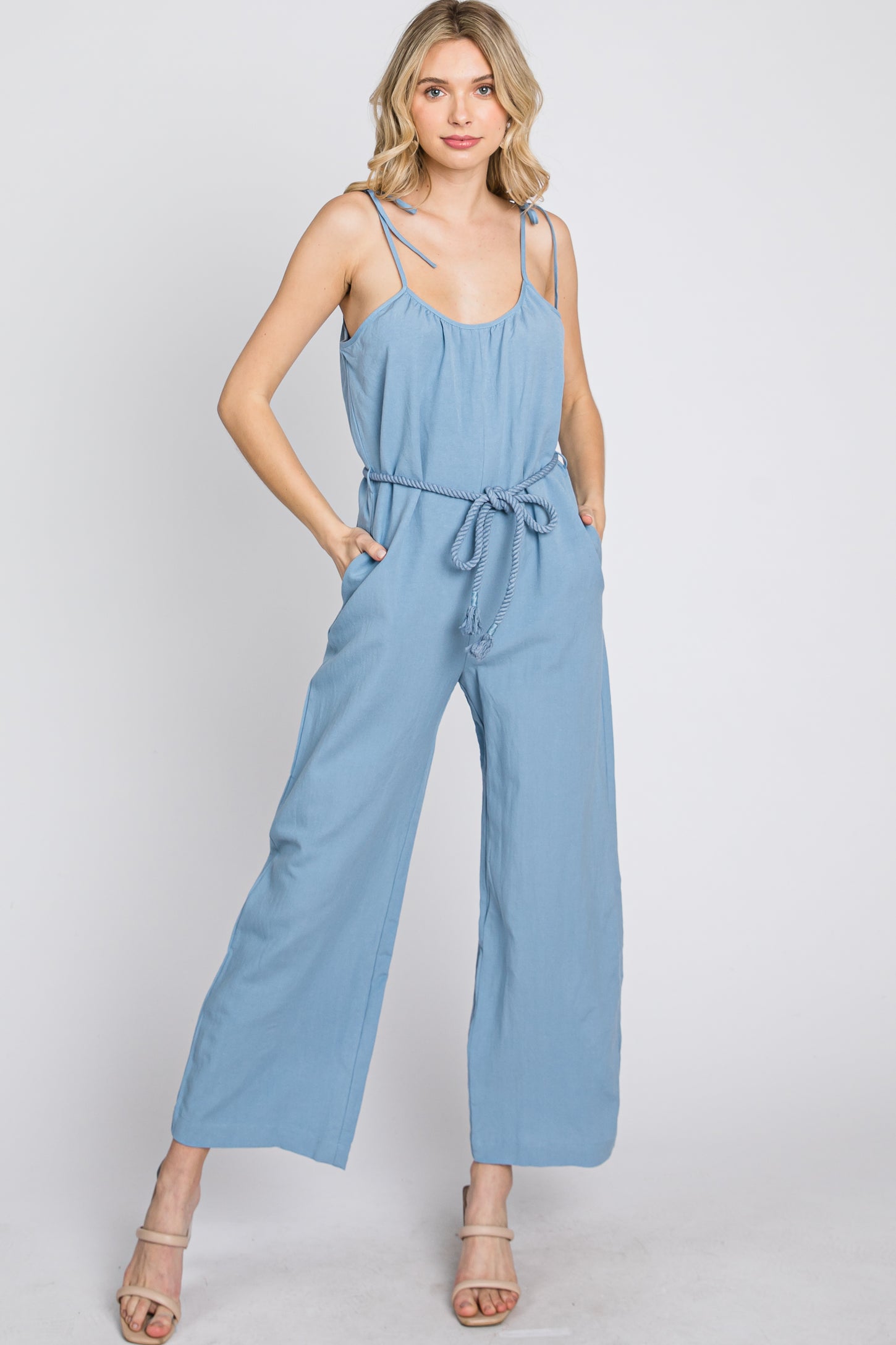 Blue Shoulder Tie Linen Jumpsuit