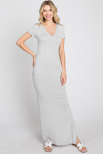 Heather Grey Cross Front Ruched Maxi Dress