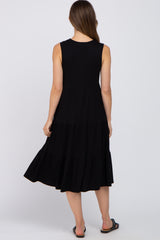 Black Tiered Sleeveless Maternity Midi Dress