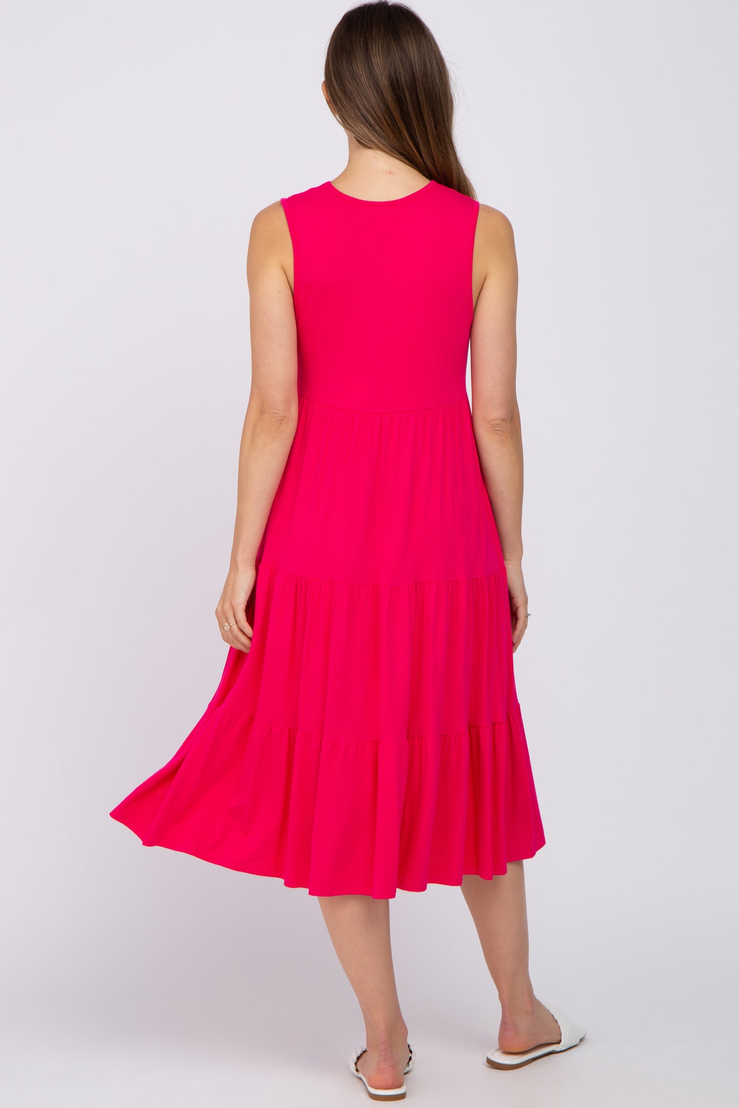 Fuchsia Tiered Sleeveless Maternity Midi Dress