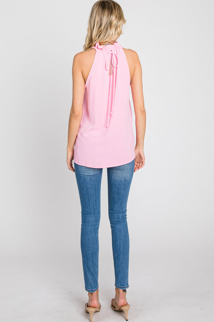 Pink Ruffle Mock Neck Sleeveless Top