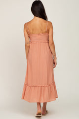 Peach Smocked Button Accent Midi Dress