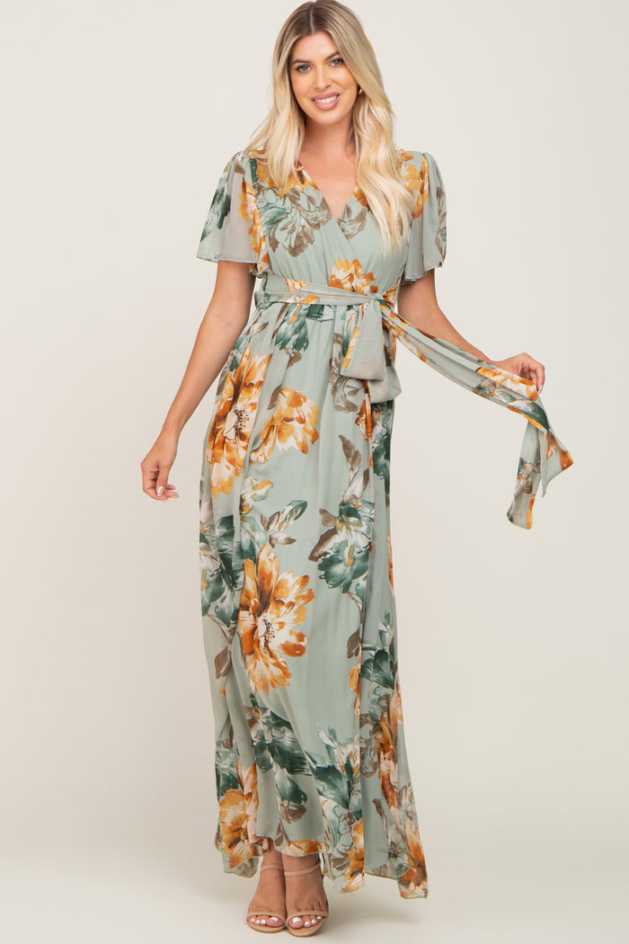 Sage Floral Chiffon Short Sleeve Maternity Maxi Dress