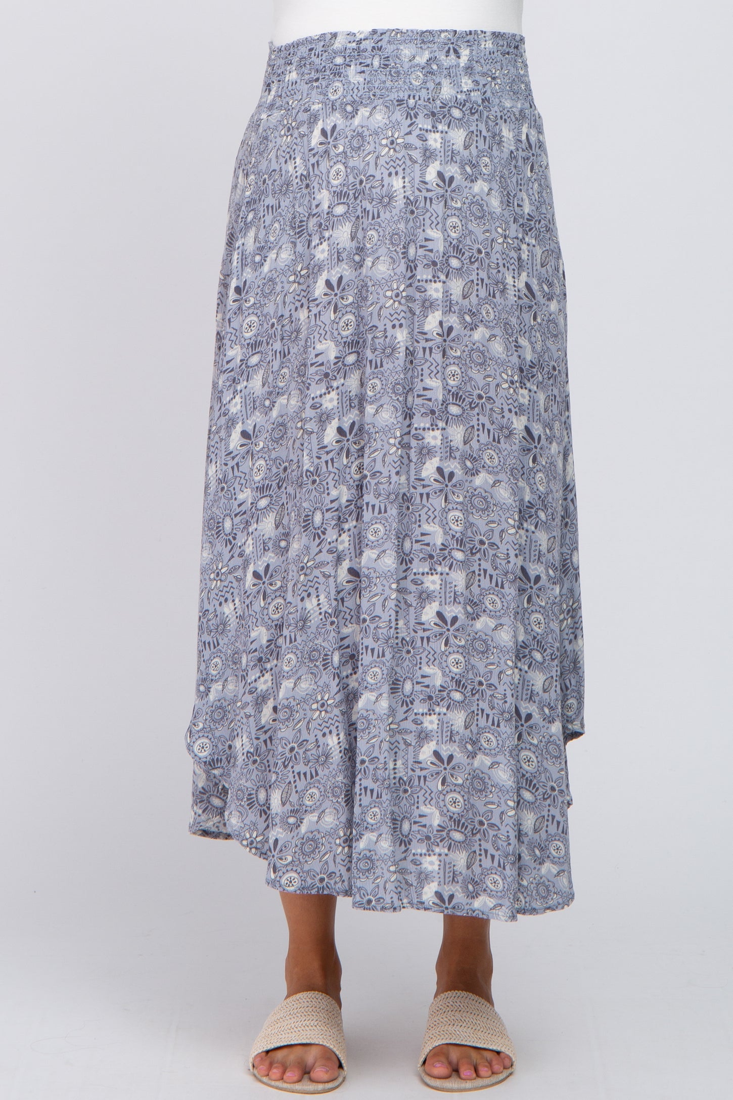 Blue Floral Round Hem Maternity Midi Skirt