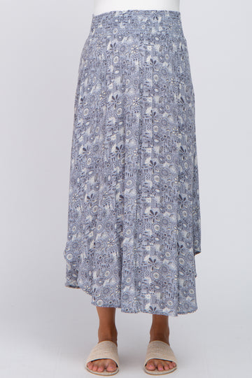 Blue Floral Round Hem Maternity Midi Skirt