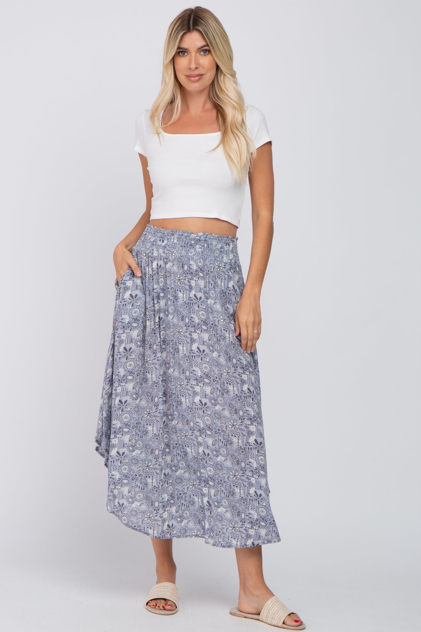 Blue Floral Round Hem Midi Skirt