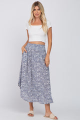 Blue Floral Round Hem Midi Skirt