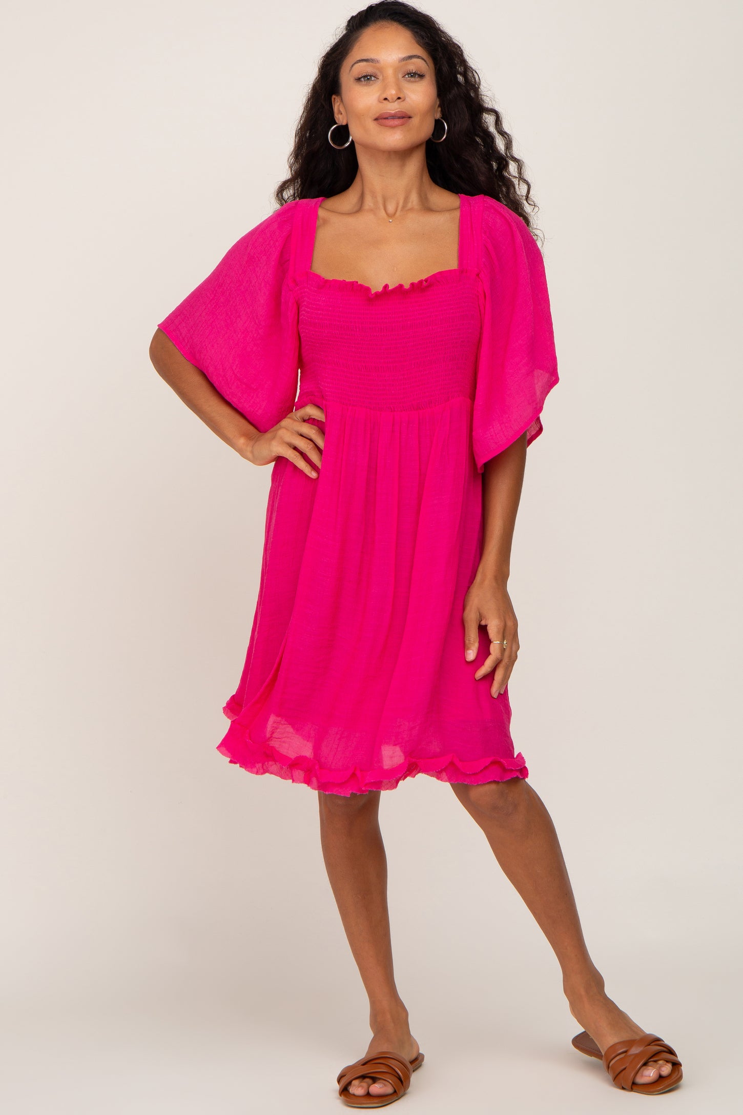 Fuchsia Smocked Short Sleeve Maternity Dress