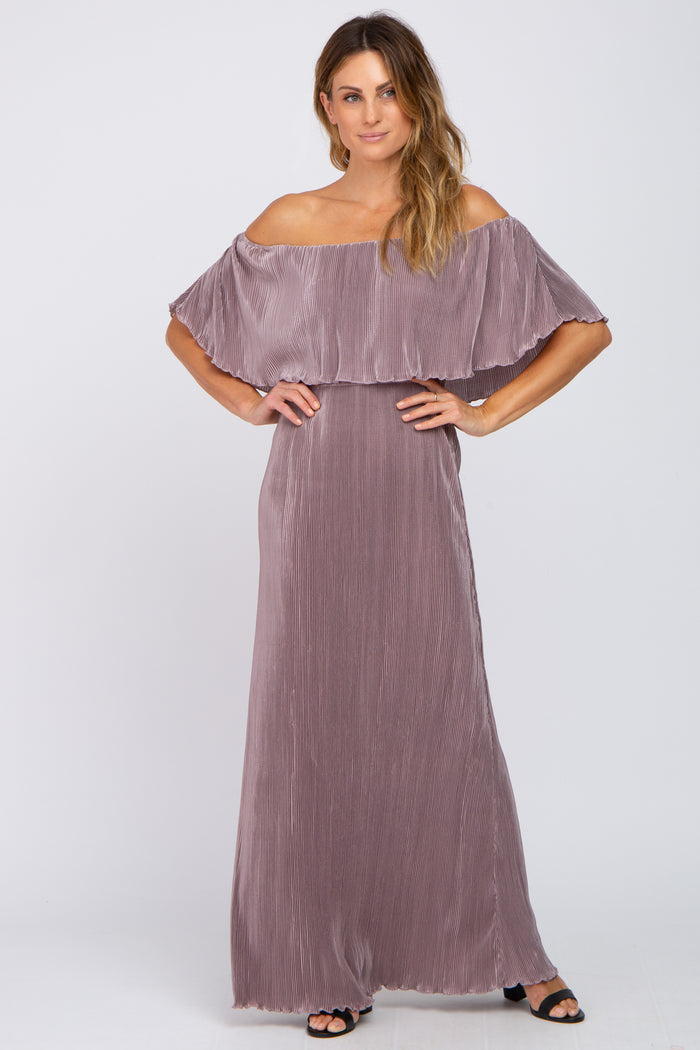 Dark Mauve Ruffle Off Shoulder Maxi Dress
