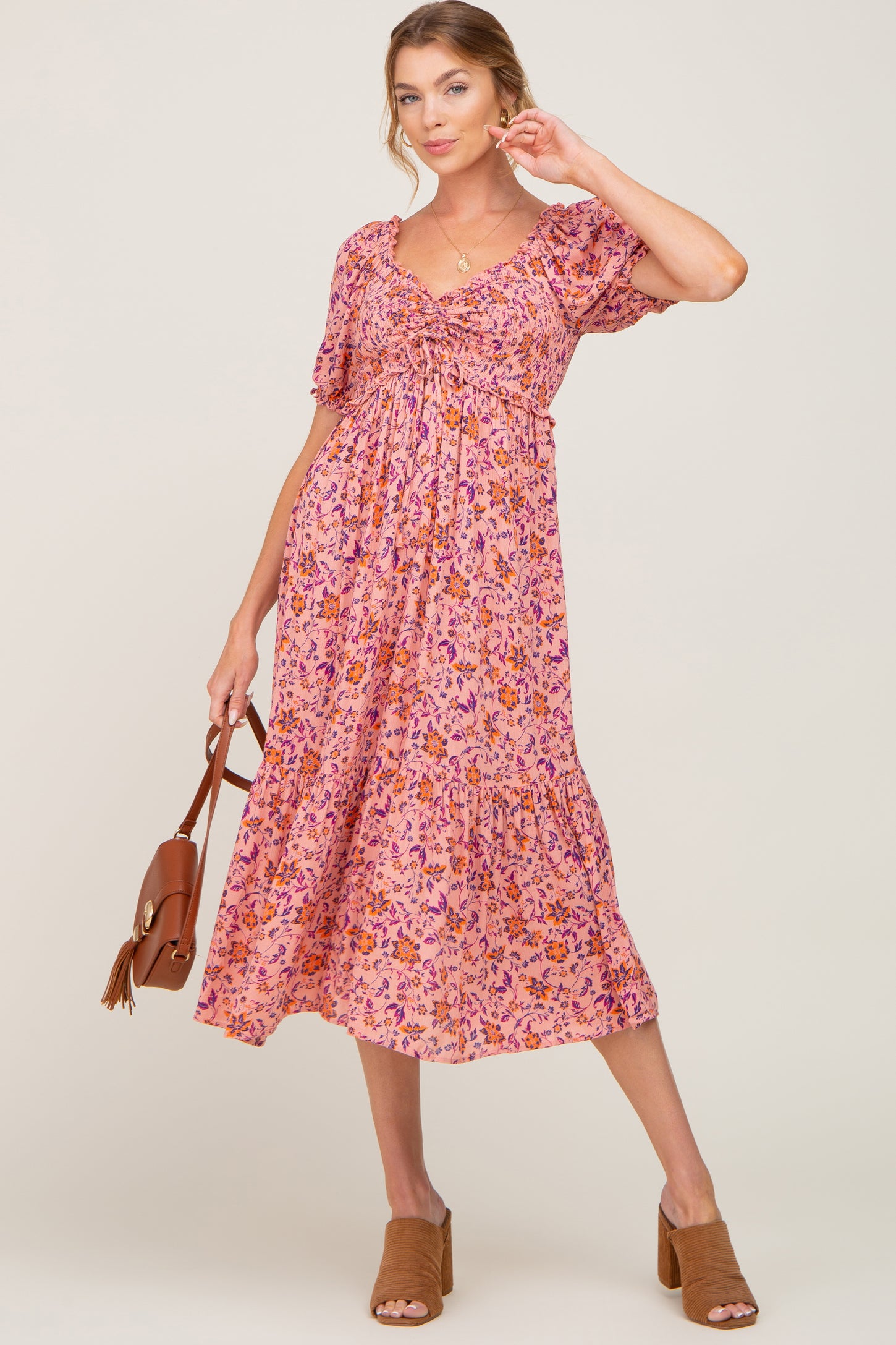 Pink Floral Smocked Midi Dress