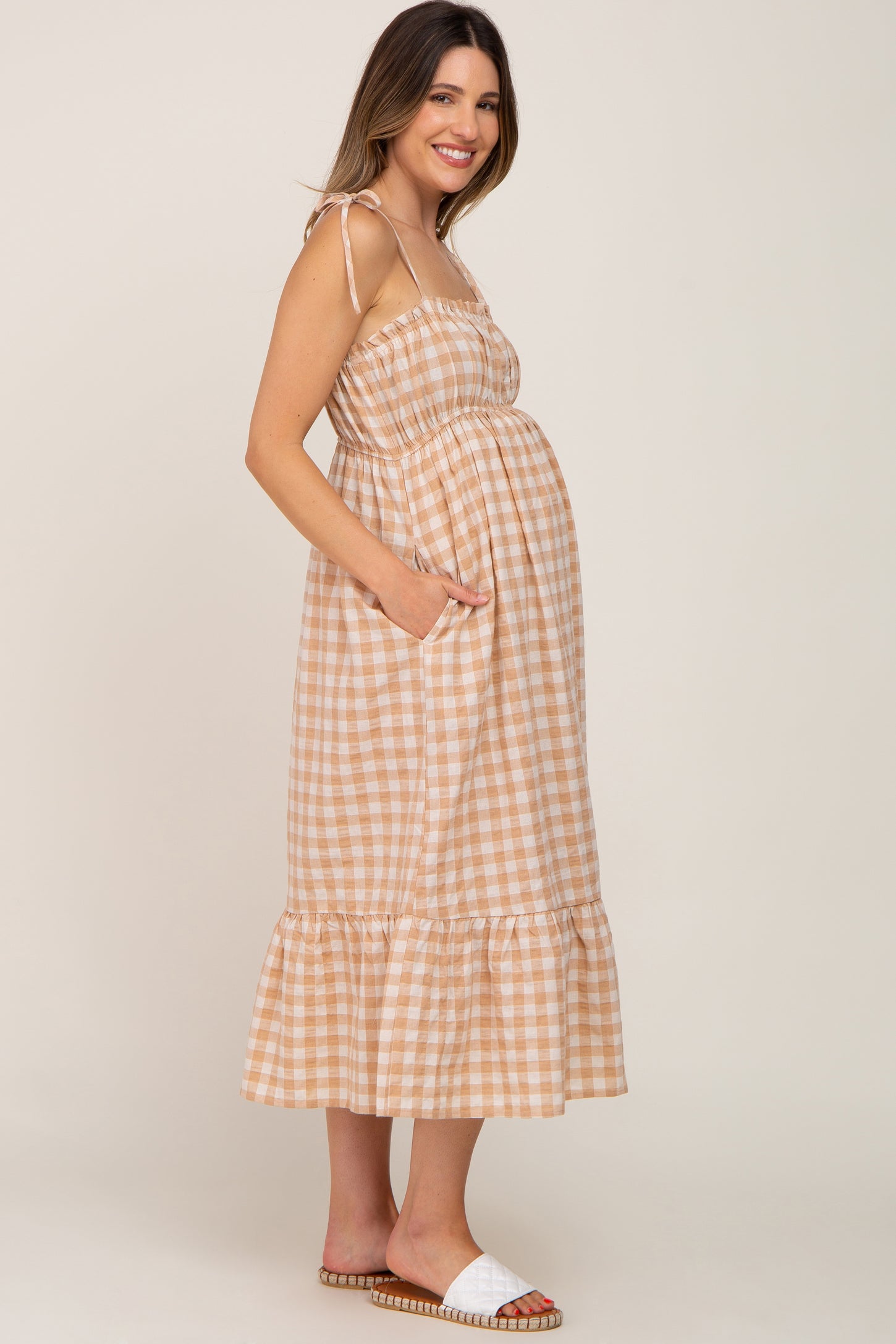 Taupe Gingham Square Neck Tie Strap Maternity Midi Dress