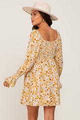 Gold Floral Button Front Long Sleeve Maternity Dress