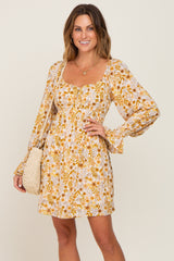Gold Floral Button Front Long Sleeve Maternity Dress
