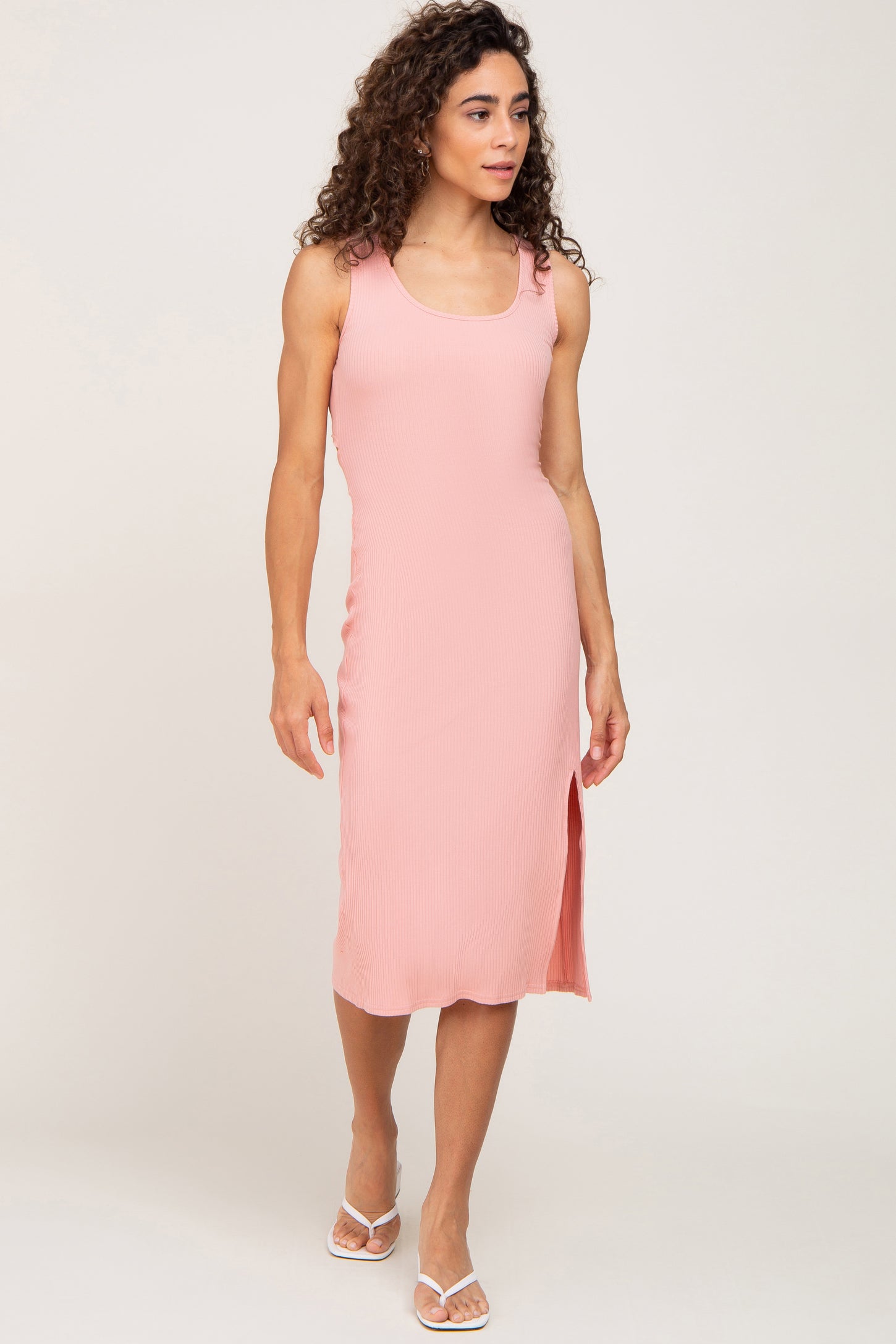 Light Pink Ribbed Back Cutout Maternity Midi Dress