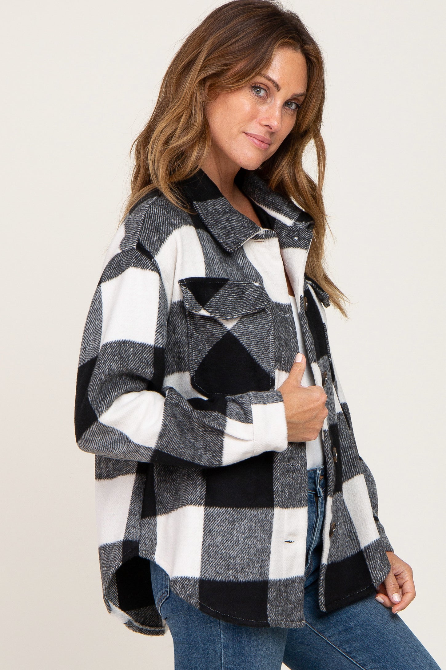 Black Plaid Knit Shirt Jacket