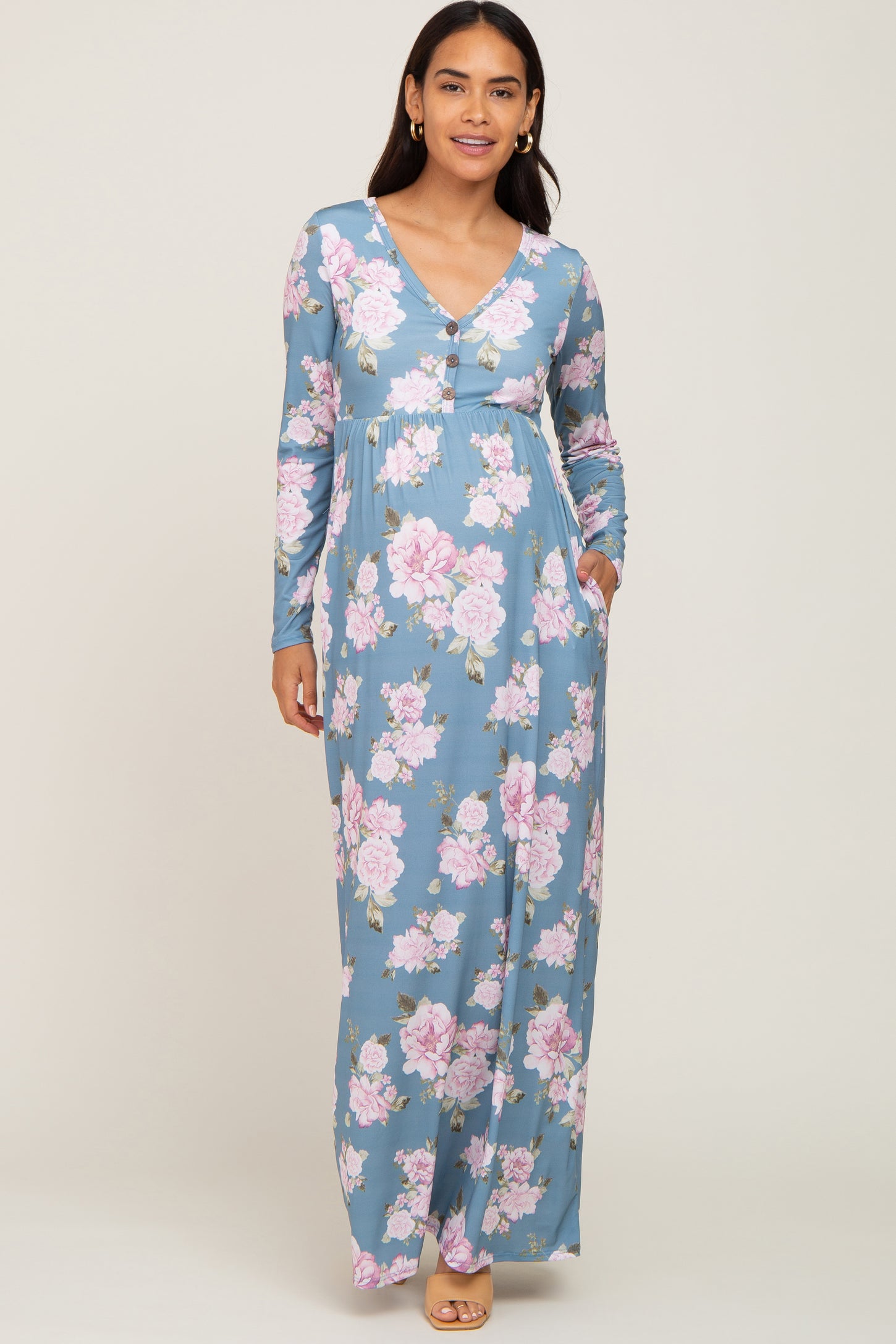Blue Floral Button Front Maternity Maxi Dress