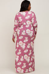 Mauve Floral Button Front Plus Maxi Dress