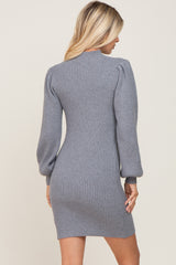 Heather Grey Mock Neck Puff Sleeve Sweater Dress