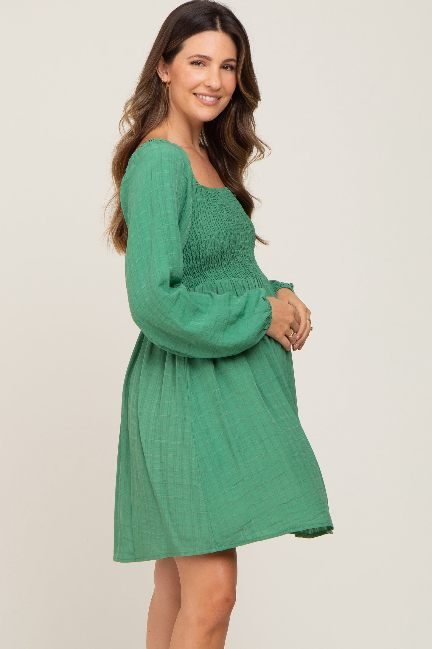 Green Smocked Long Sleeve Maternity Dress