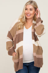 Mocha Striped Open Knit Maternity Cardigan