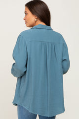 Blue Frayed Hem Button Down Maternity Top