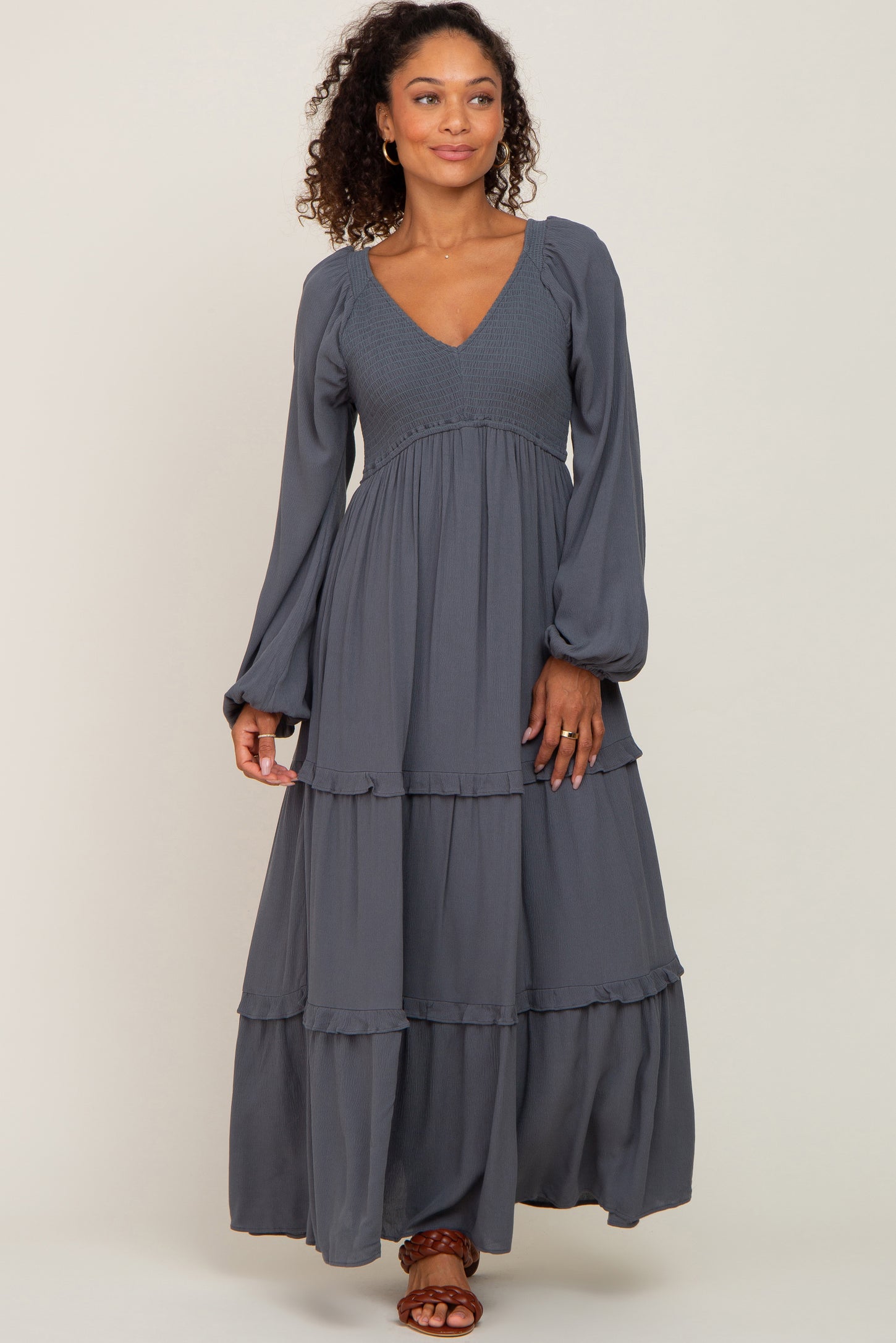 Charcoal Smocked Tiered Maternity Midi Dress
