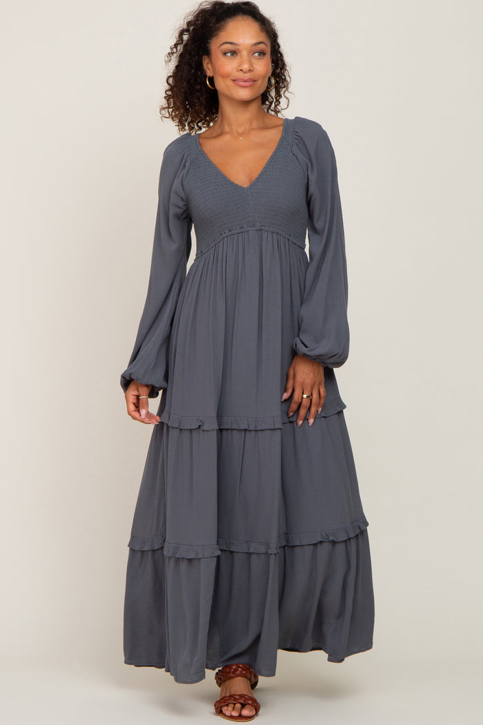 Charcoal Smocked Tiered Maternity Midi Dress