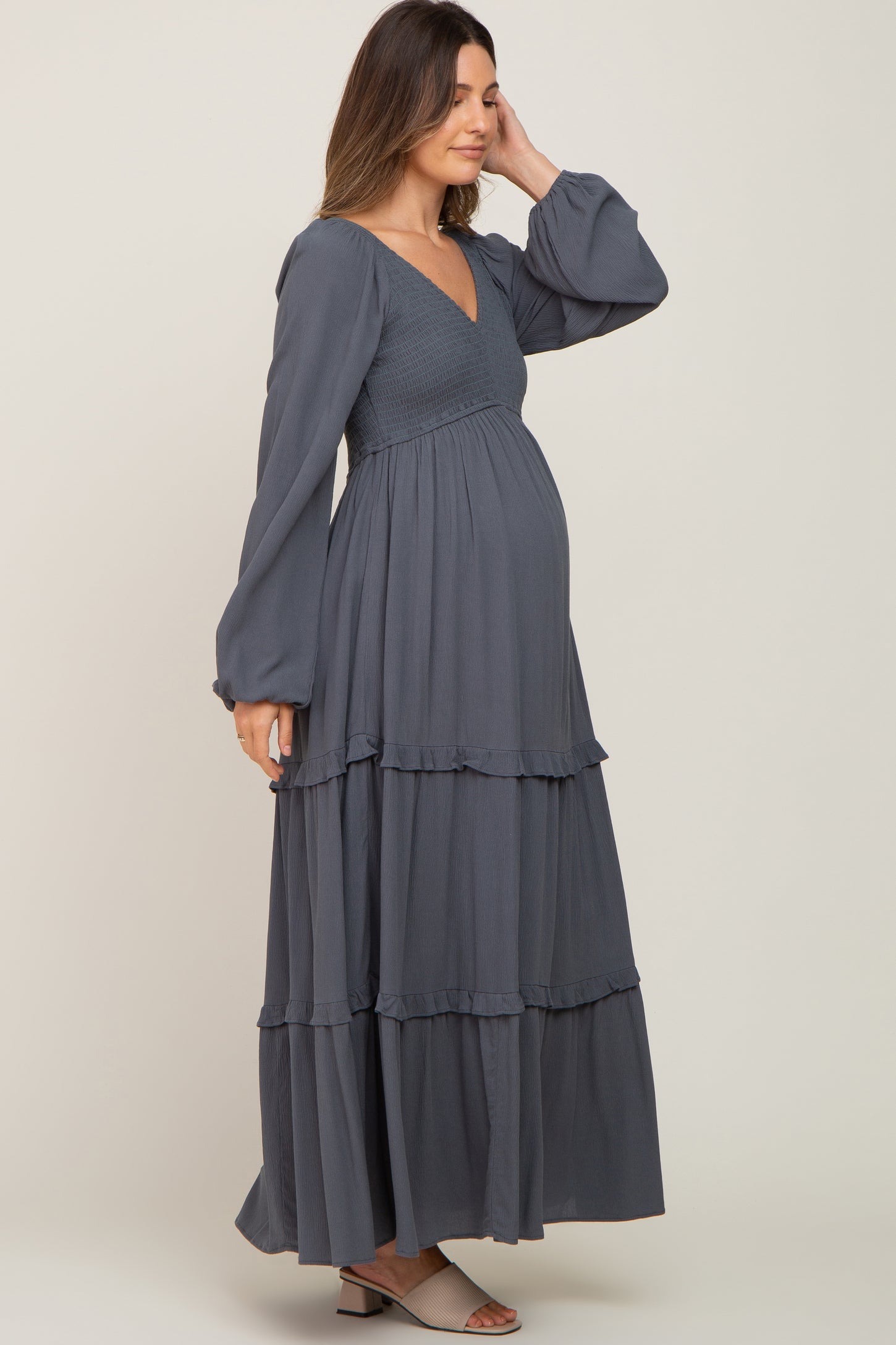 Charcoal Smocked Tiered Maternity Midi Dress