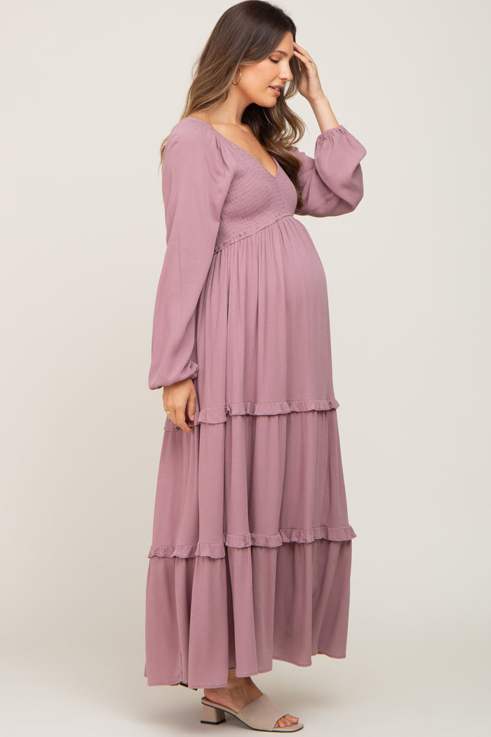 Mauve Smocked Tiered Maternity Midi Dress