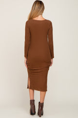 Brown Ribbed Ruched Fitted Maternity Midi Dress