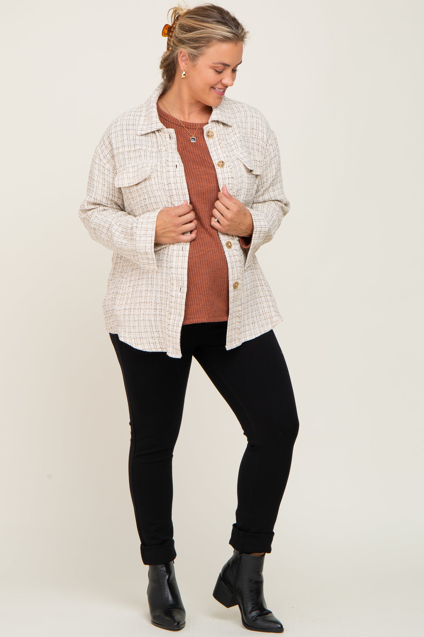 Beige Tweed Front Pocket Maternity Plus Shacket