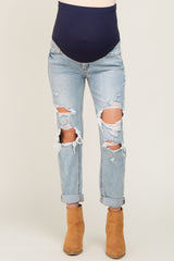 Light Blue Distressed Cuffed Maternity Jeans