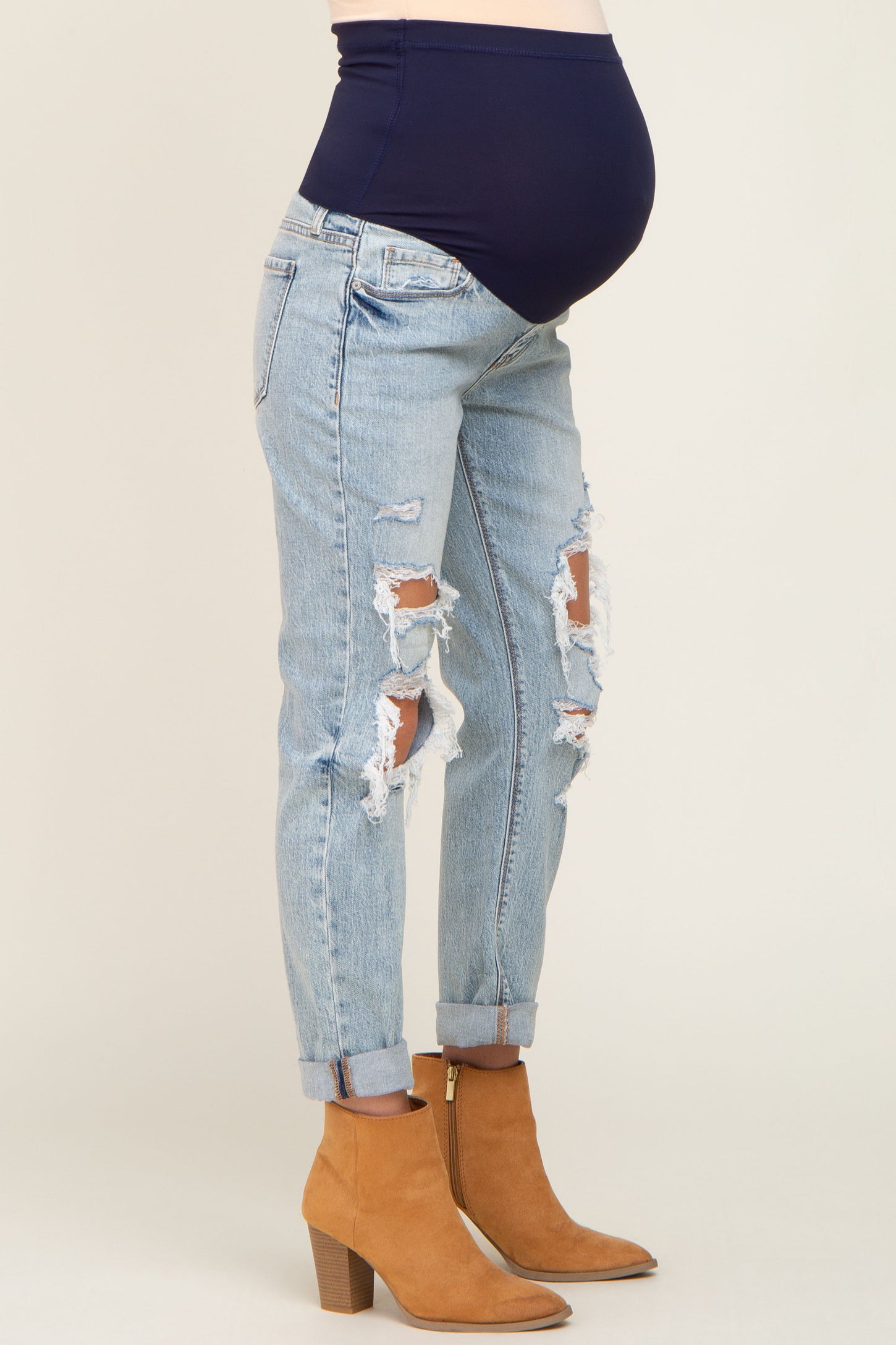 Light Blue Distressed Cuffed Maternity Jeans