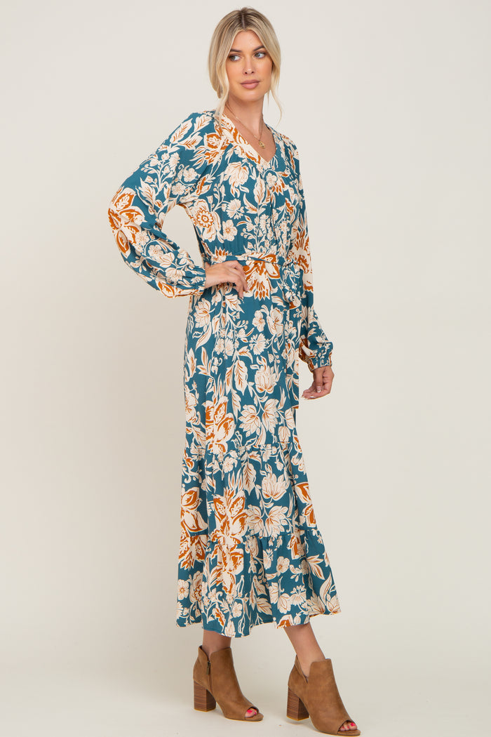 Teal Floral V-Neck Midi Dress