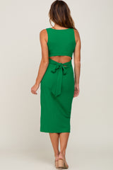 Green Ribbed Back Cutout Midi Dress