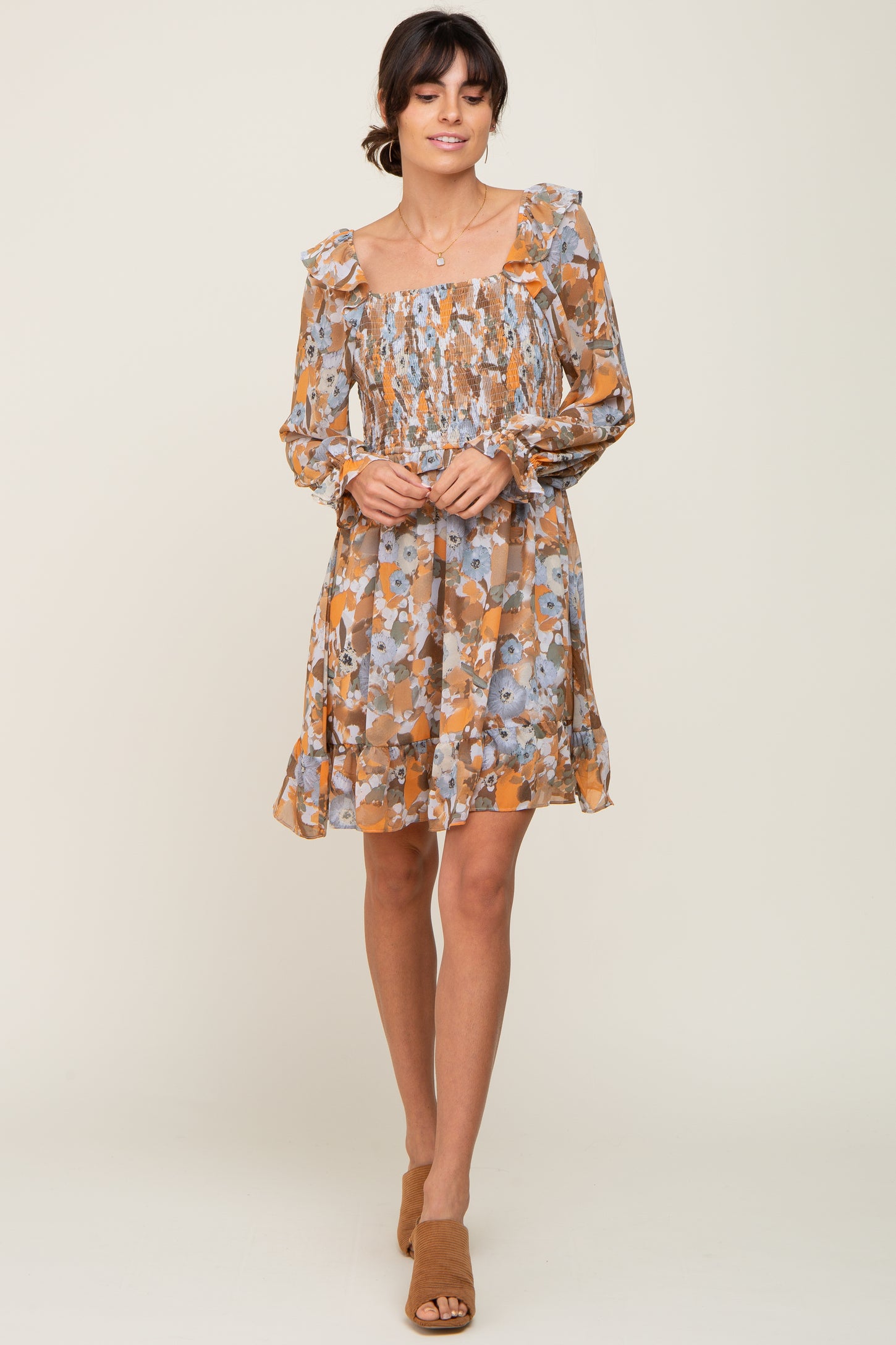 Taupe Floral Chiffon Ruffle Maternity Dress