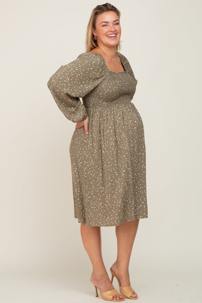 Olive Printed Long Sleeve Plus Maternity Midi Dress