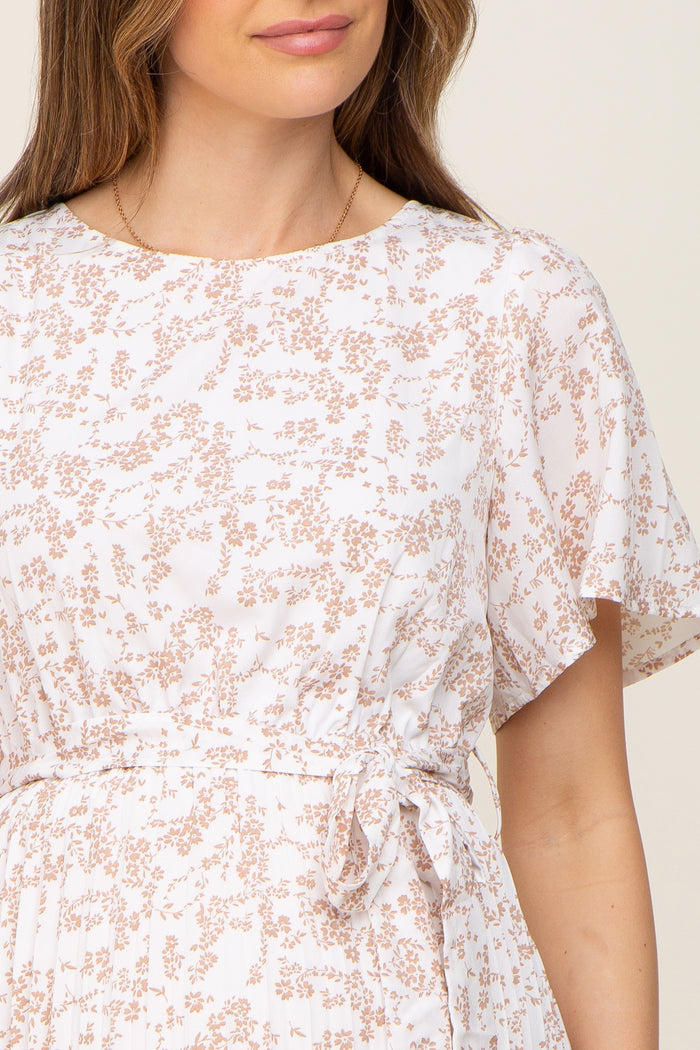 Ivory Floral Pleated Maternity Midi Dress