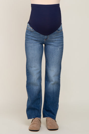 Navy Blue Raw Hem Straight Maternity Jeans