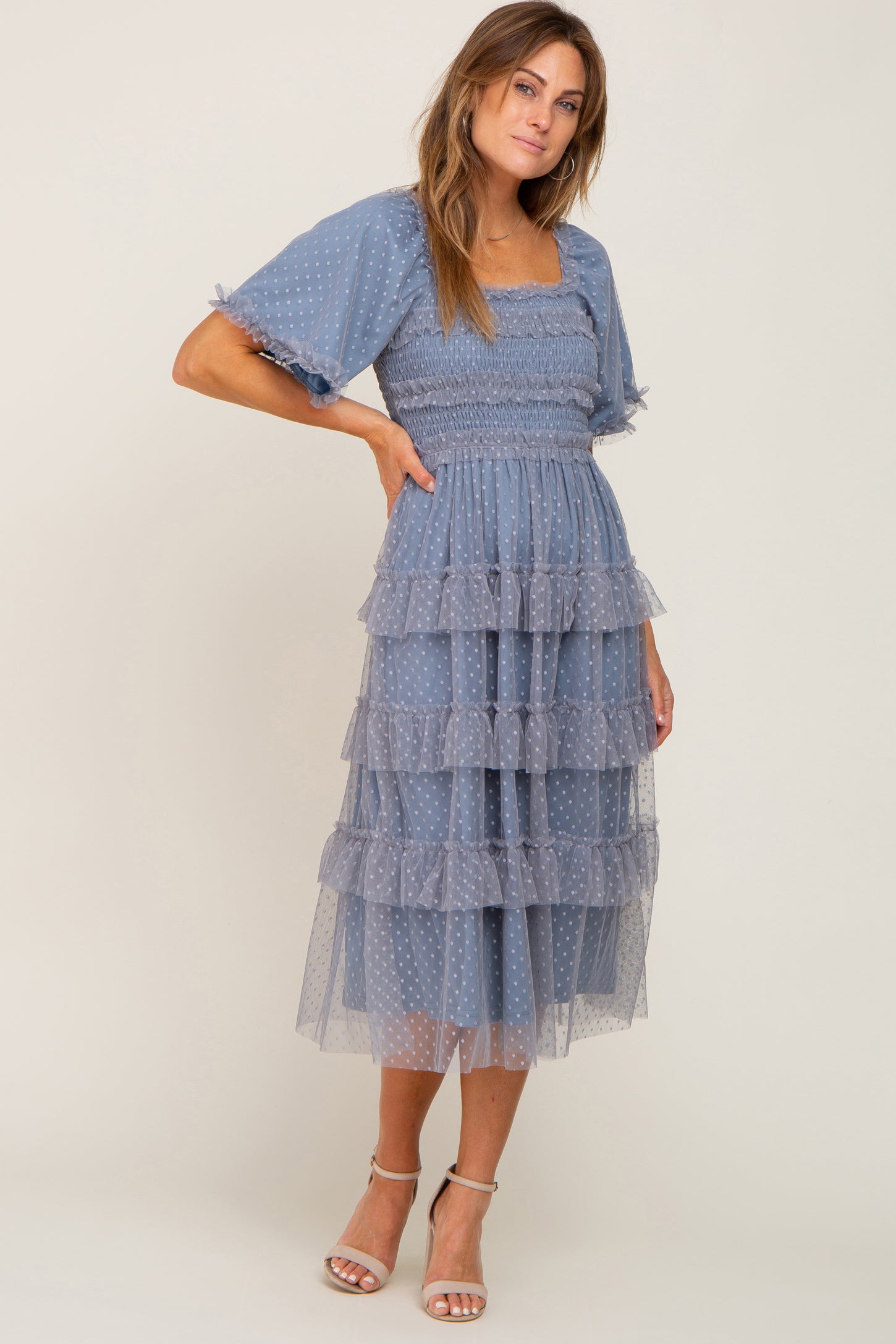 Blue Dot Smocked Ruffle Tiered Maternity Midi Dress