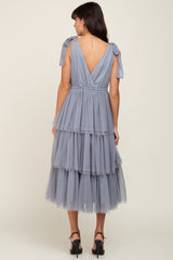 Light Blue Sleeveless Tiered Tie Strap Tulle Midi Dress