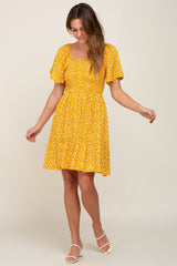 Yellow Floral Smocked Square Neck Ruffle Hem Maternity Dress