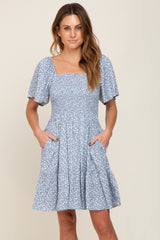 Light Blue Floral Smocked Square Neck Ruffle Hem Maternity Dress