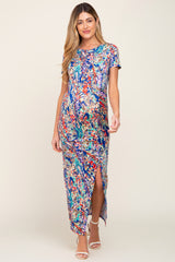 Royal Blue Multi-Color Floral Side Slit Maternity Maxi Dress