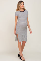 White Striped Side Slit Fitted Maternity Midi Dress