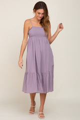 Lavender Smocked Sleeveless Linen Maternity Midi Dress